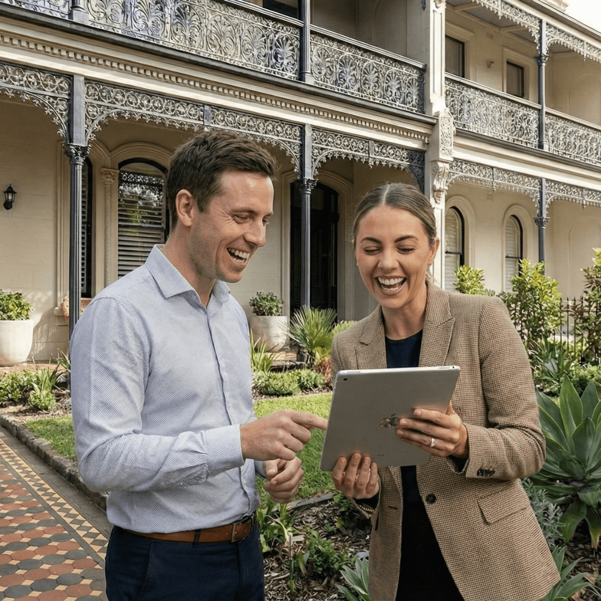 Real estate agent on iPad with client