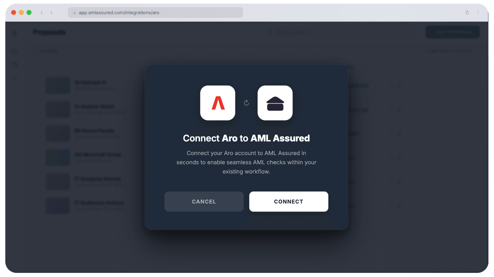 Aro account connection screen