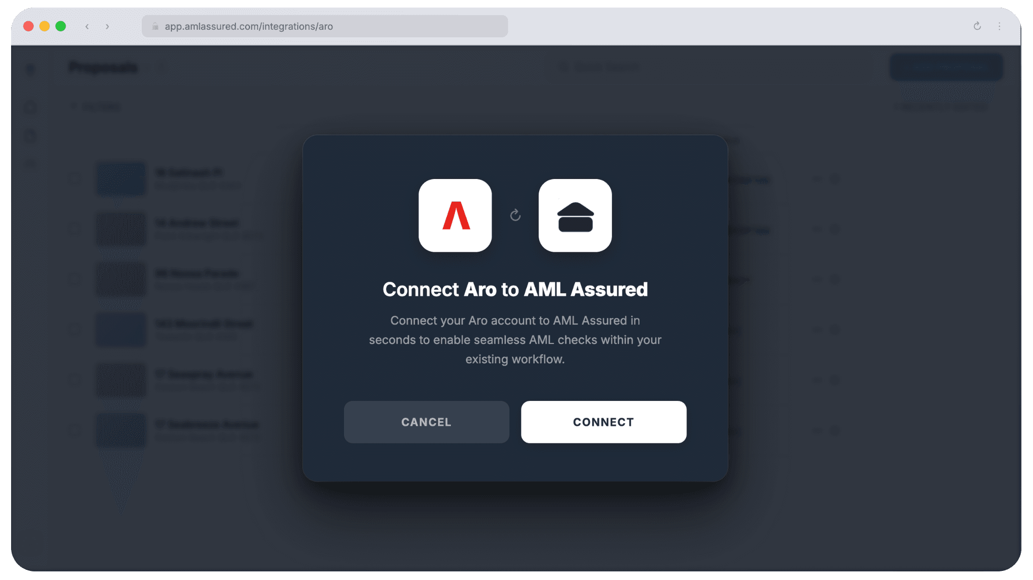 Aro account connection screen