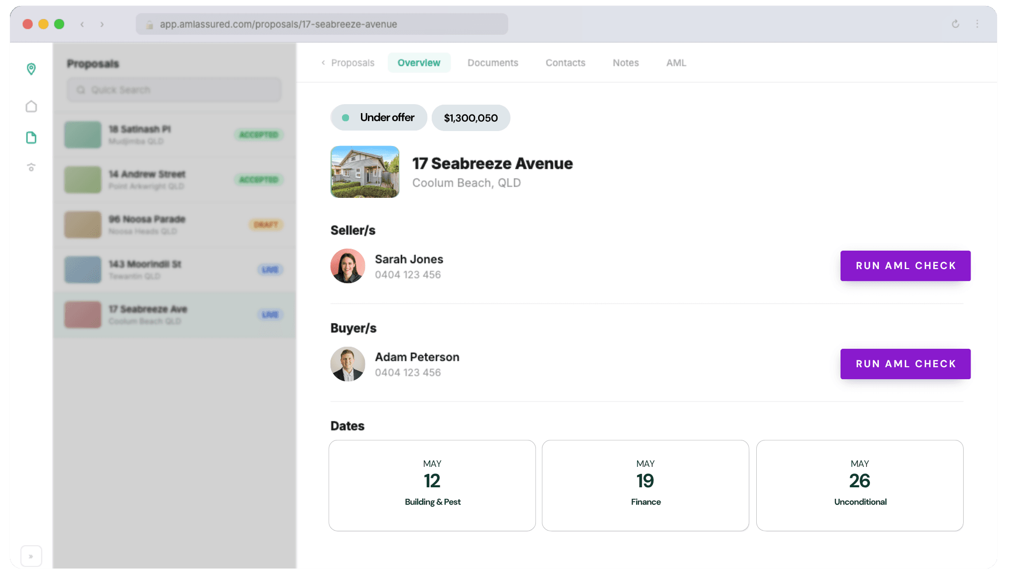 AML Assured compliance panel inside an open Aro property file