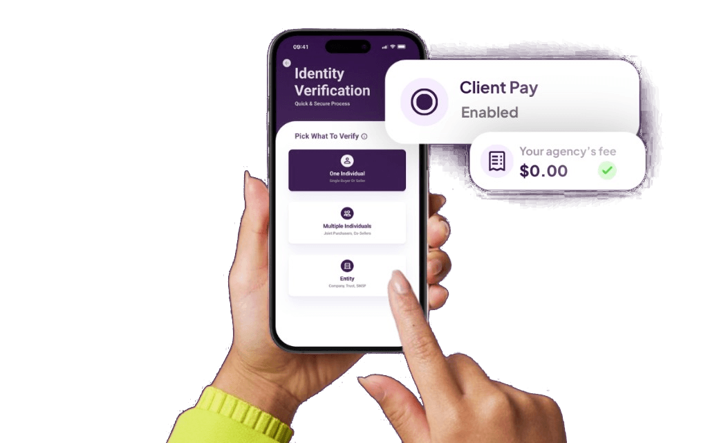 A client completing their own identity verification on a phone, with the agency's fee showing $0.00