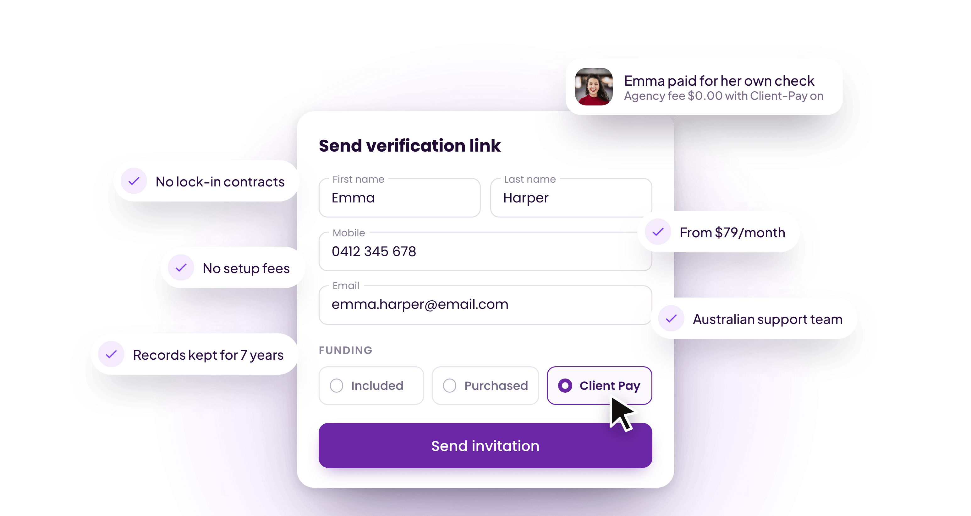 The Send verification link form with Client Pay selected, surrounded by notes: no lock-in contracts, no setup fees, records kept for 7 years, from $79 a month, and an Australian support team.