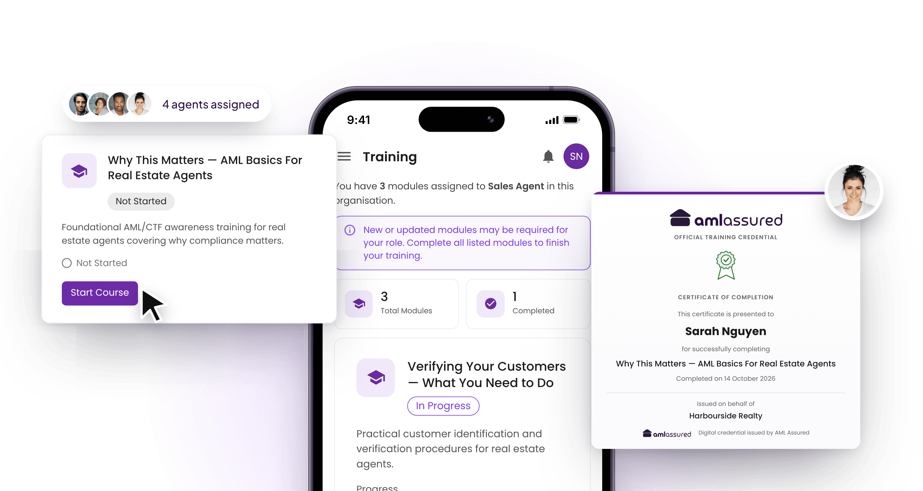 A training module assigned to four agents, a phone showing the Training screen, and a completion certificate for Sarah Nguyen.