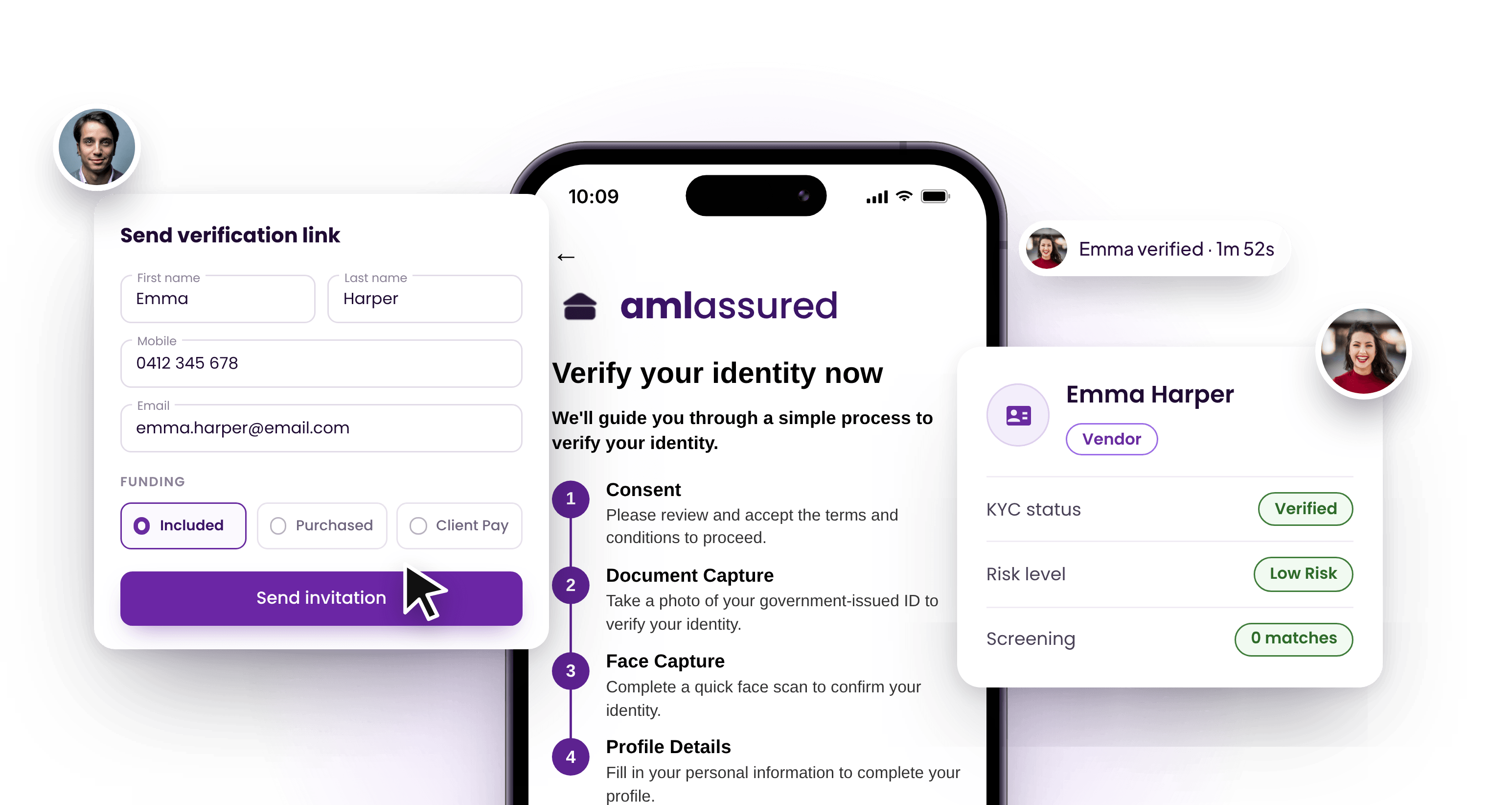 The Send verification link form beside a phone showing the client's identity check, with Emma Harper's result: KYC verified, low risk, no screening matches.