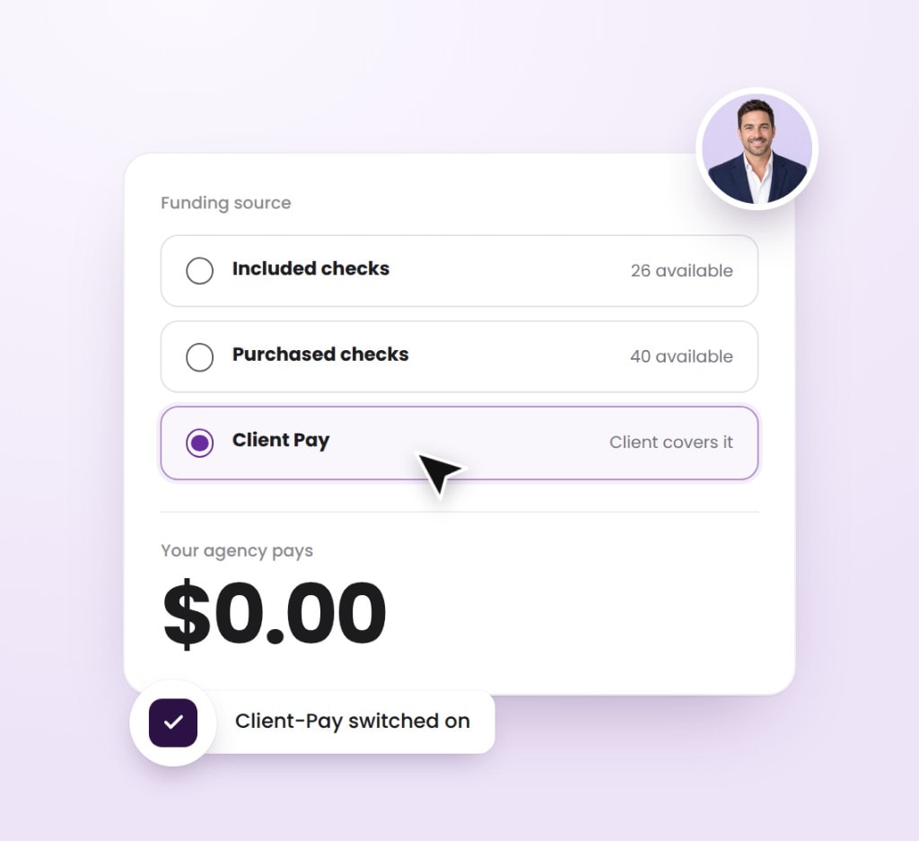 Funding source picker with Client Pay selected. Your agency pays $0.00.