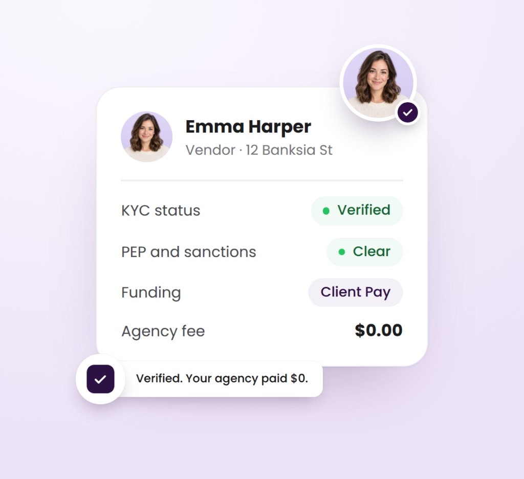 Emma Harper’s result: KYC verified, PEP and sanctions clear, funded by Client Pay, agency fee $0.00.