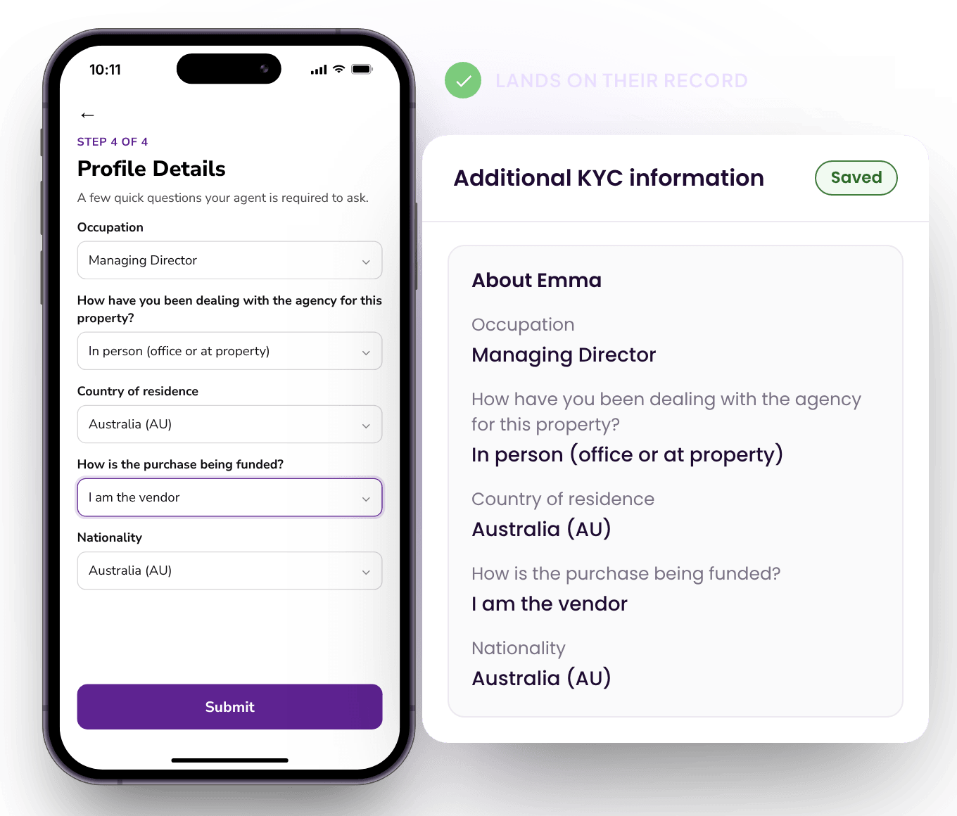 A phone showing the Profile Details questions a client answers (occupation, how they have dealt with the agency, country of residence, how the purchase is funded and nationality), next to the Additional KYC information record those answers are saved to.