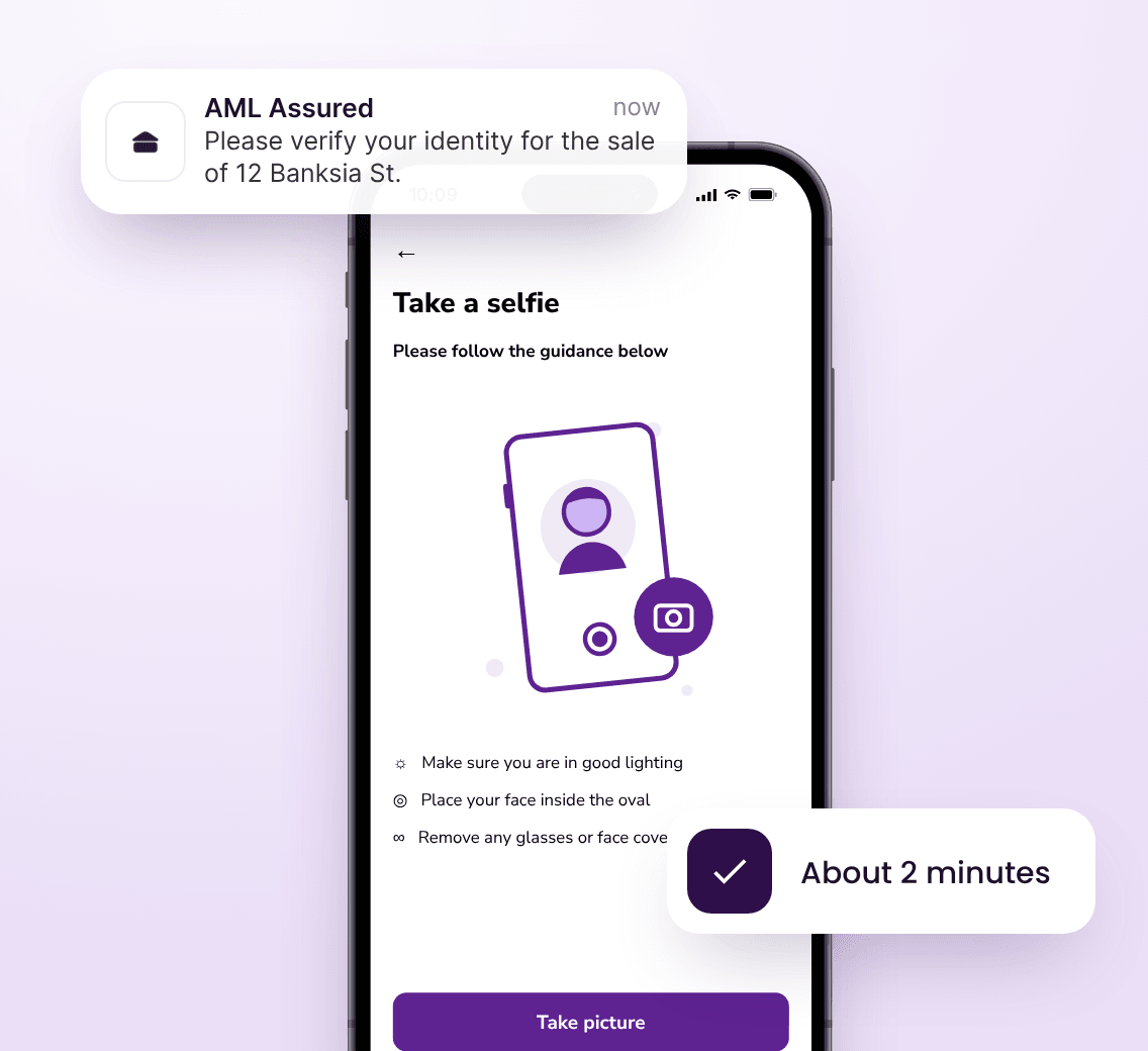 A phone showing the Take a selfie screen, with a text message above it asking the client to verify their identity for the sale of 12 Banksia St, and an About 2 minutes notice.