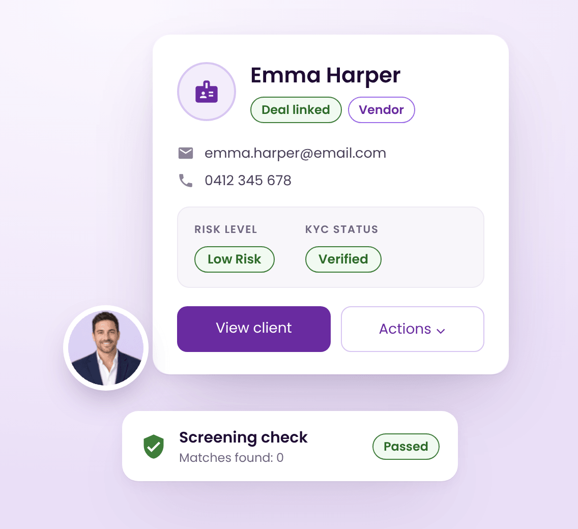 Emma Harper’s client card with a Low Risk level and a Verified KYC status, the agent’s photo beside it, and a screening check that passed with no matches.