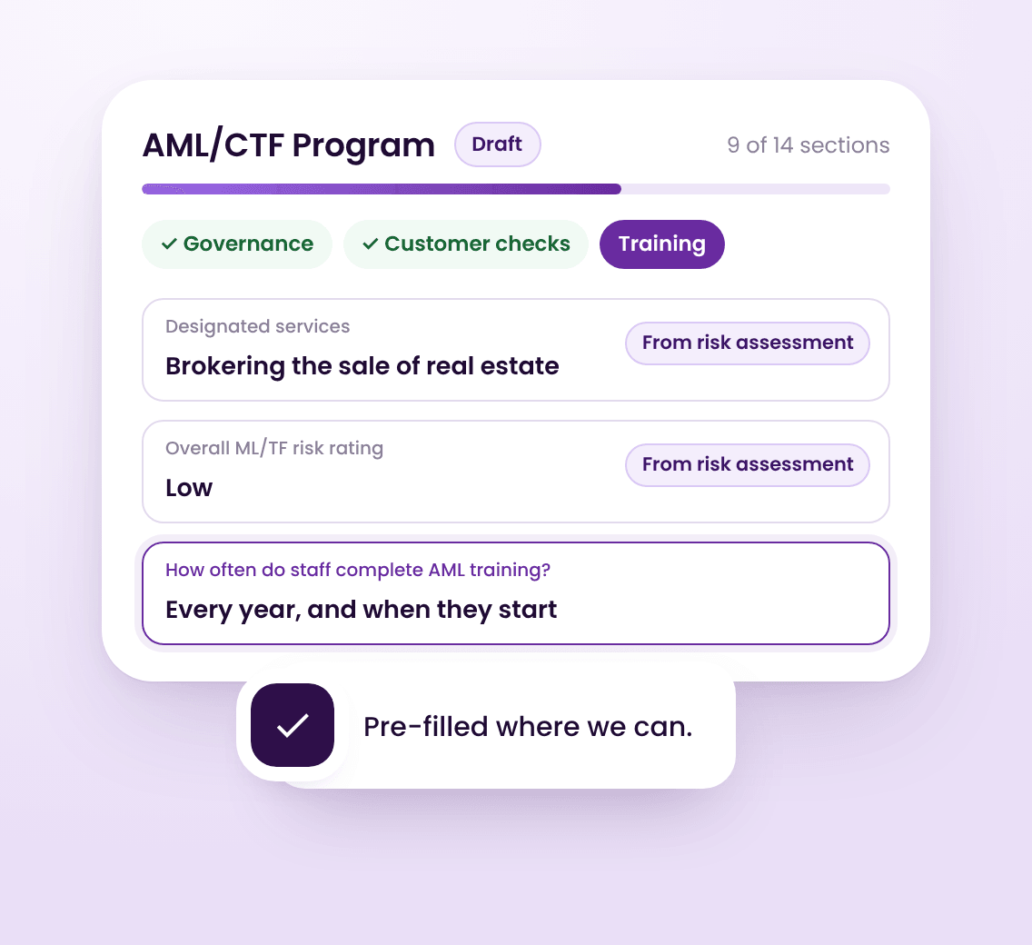 The AML/CTF program questionnaire, with answers carried across from the risk assessment.