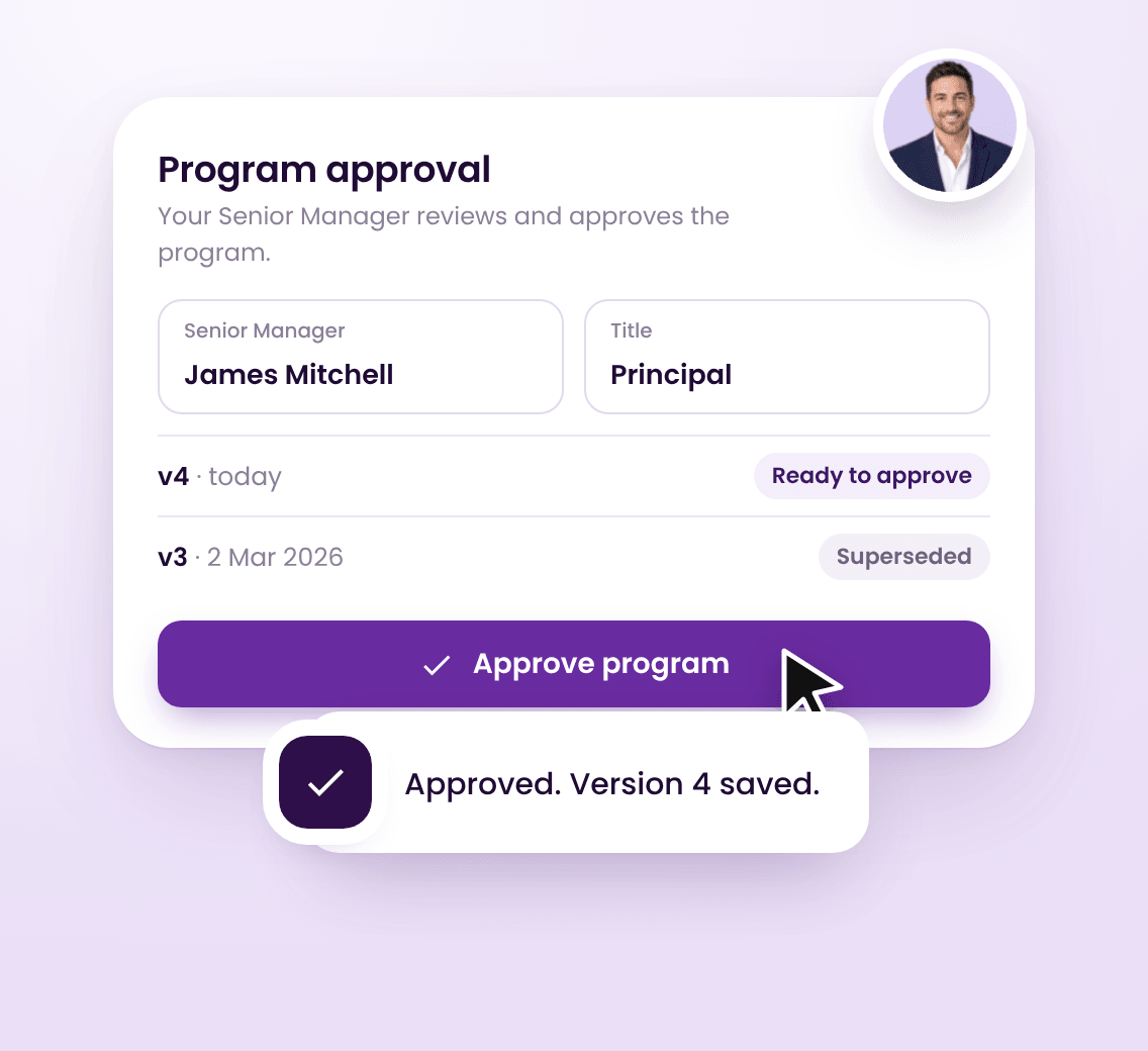 The AML/CTF program approval screen, with the Senior Manager’s name and a saved version history.