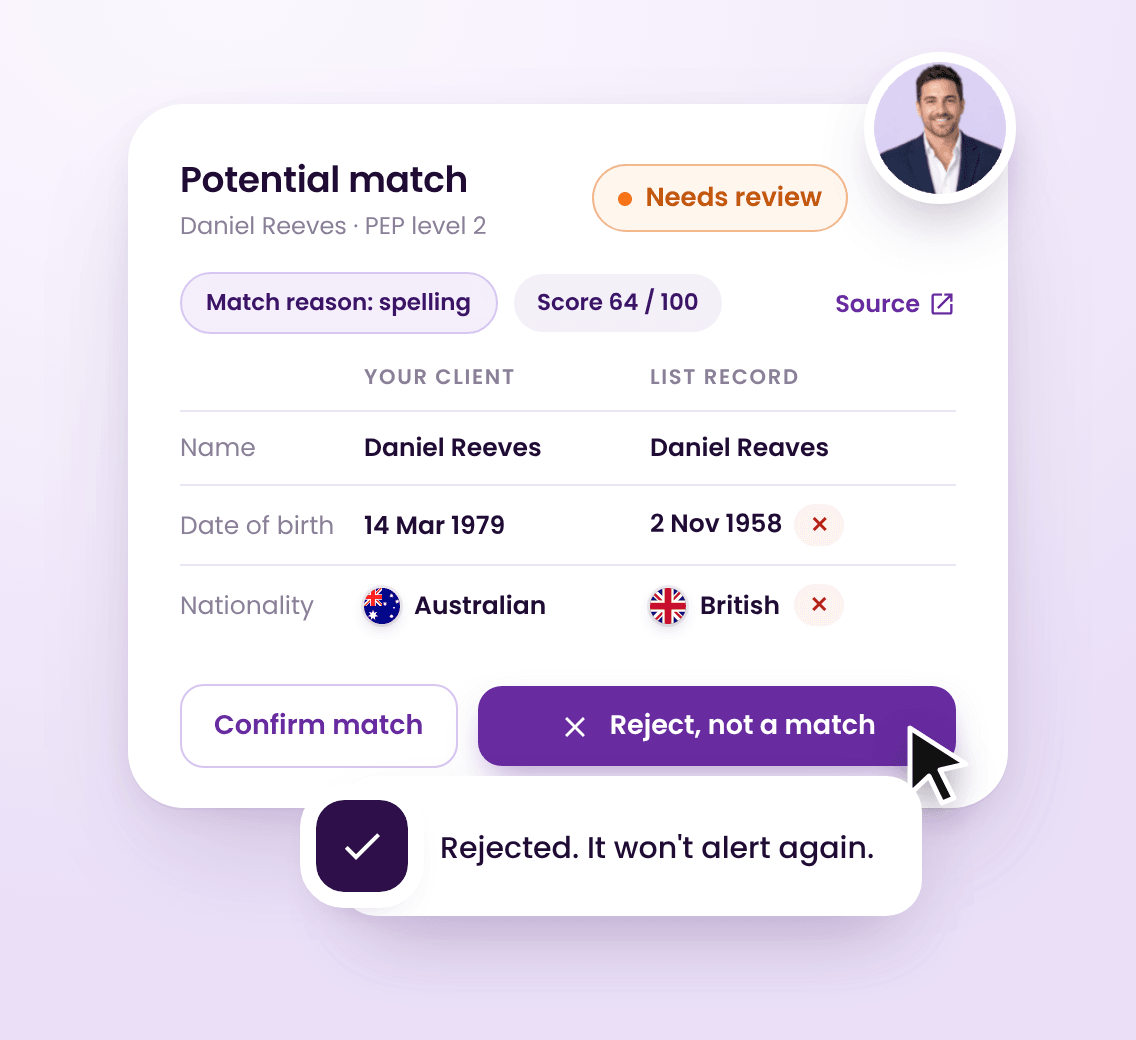 A potential match marked Needs review, with the client and the list record compared side by side, and a Reject, not a match button confirming that the name won’t alert again.