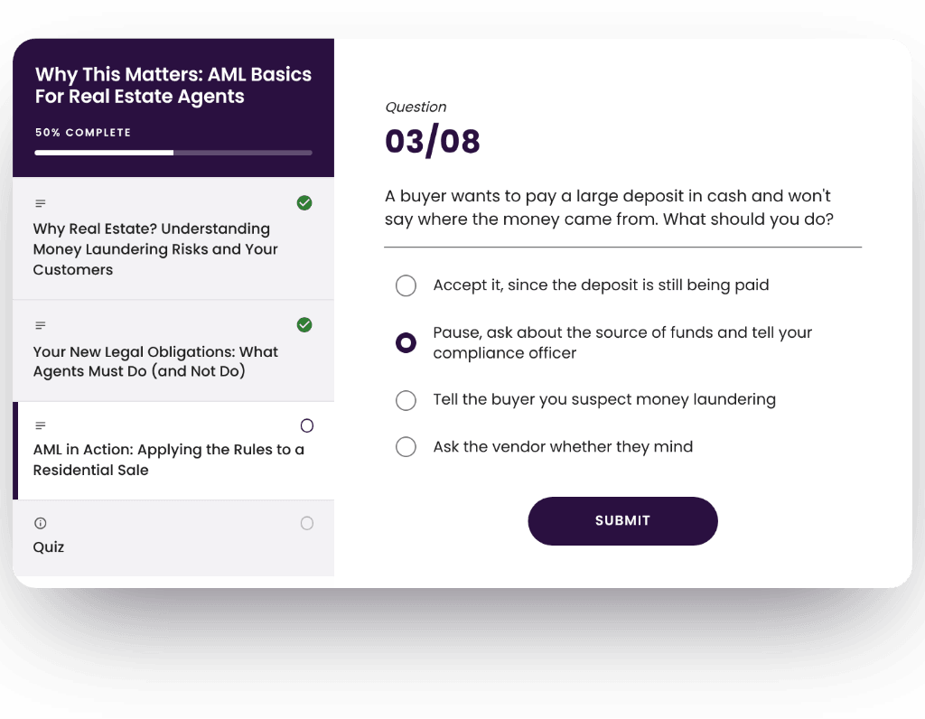 The course player on question 3 of 8 for Why This Matters, AML Basics For Real Estate Agents: a buyer wants to pay a large deposit in cash and won’t say where the money came from, with four answers to choose from and the lesson list beside it.