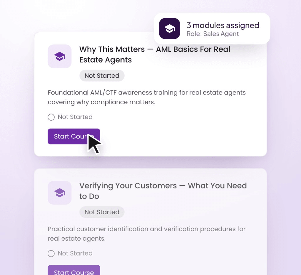 Two training modules assigned to a Sales Agent, Why This Matters and Verifying Your Customers, both marked Not Started, with a Start Course button and a notice that 3 modules are assigned for the Sales Agent role.