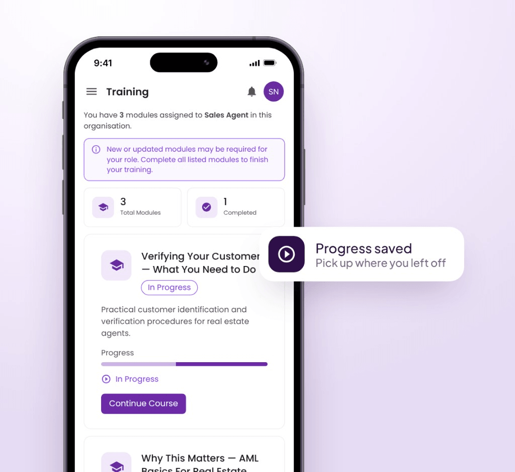 A phone showing the Training screen with three modules assigned, one in progress with a progress bar and a Continue Course button, and a notice that progress is saved so they can pick up where they left off.