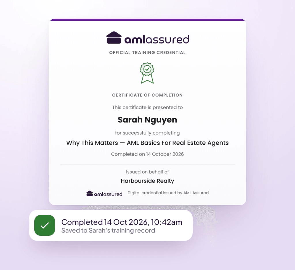 An AML Assured certificate of completion for Sarah Nguyen for Why This Matters, AML Basics For Real Estate Agents, issued on behalf of Harbourside Realty, with a notice that the completion was saved to her training record.