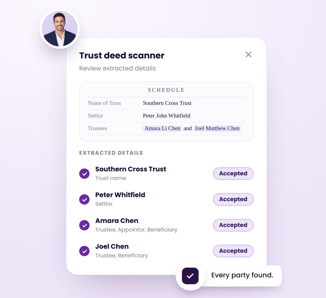 The trust deed scanner listing the trust, settlor, trustees and beneficiaries it found.