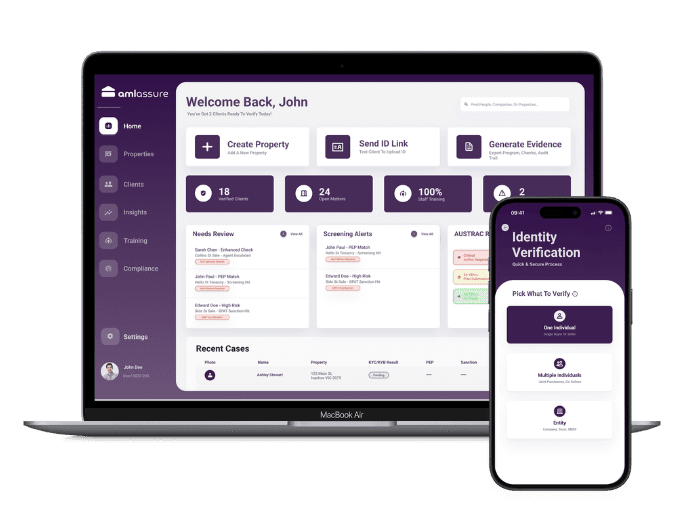 AML Assured platform dashboard on laptop with identity verification mobile screen for real estate compliance
